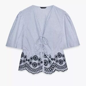 Zara Blue Striped Blouse with Black Embroidery
